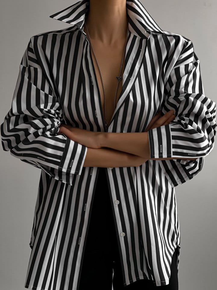 Paper Moon - Korean Women Fashion - #momslook - Striped Pattern Oversized Button Down Shirt - 2