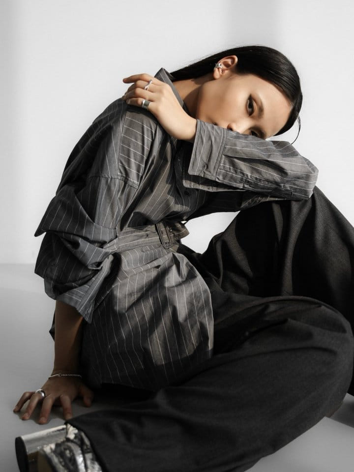 Paper Moon - Korean Women Fashion - #thatsdarling - Striped Pattern Belted Button Down Shirt