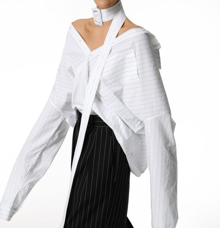Paper Moon - Korean Women Fashion - #momslook - Striped Pattern Belted Button Down Shirt - 4