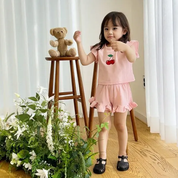 Mini mellow - Korean Children Fashion - #stylishchildhood - Cherry Frill Top Bottom Set