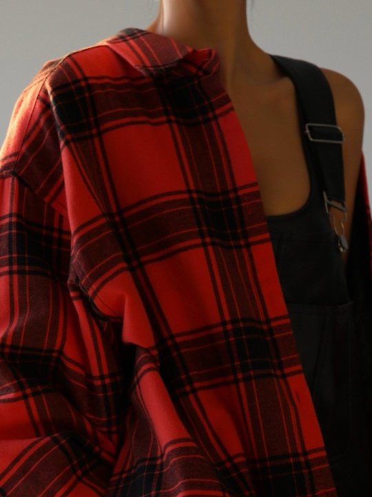 Oversized Flannel Checked Quilted Button Down Shirt Jacket