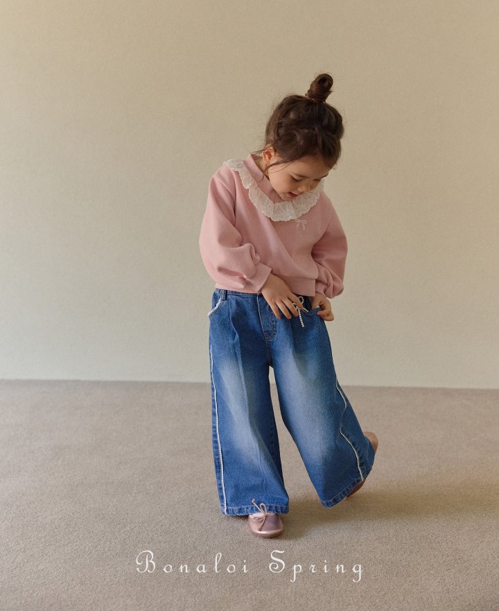 Bonaloi - Korean Children Fashion - #fashionkids - Lace Pleated Denim Pants - 10
