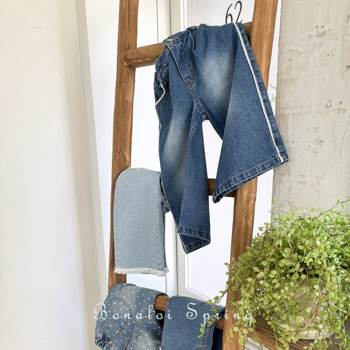 Bonaloi - Korean Children Fashion - #minifashionista - Lace Pleated Denim Pants - 3