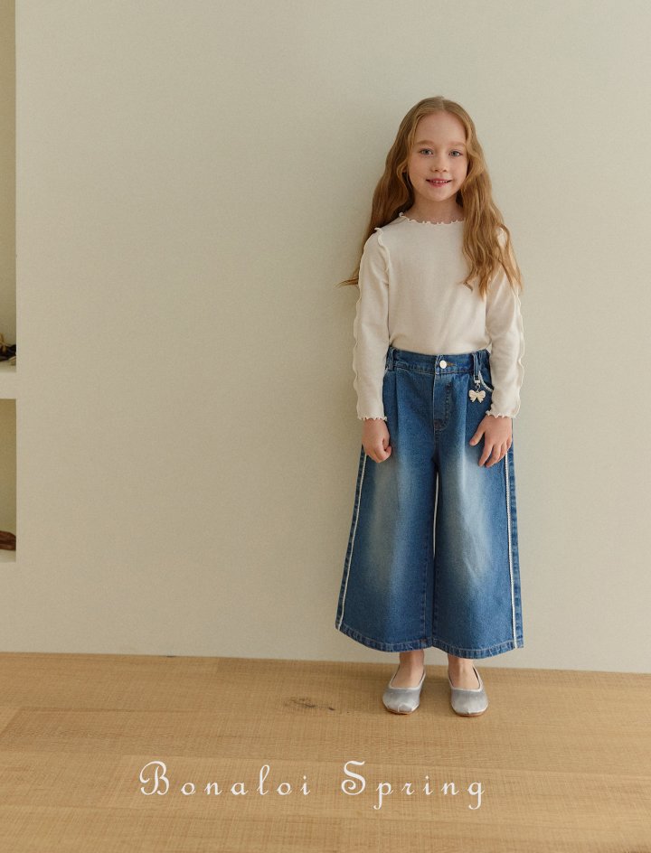 Bonaloi - Korean Children Fashion - #minifashionista - Lace Pleated Denim Pants - 4
