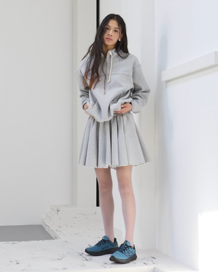 Dailyjud - Korean Women Fashion - #momslook - Alia Half Open Sweatshirts Skirt Set - 2