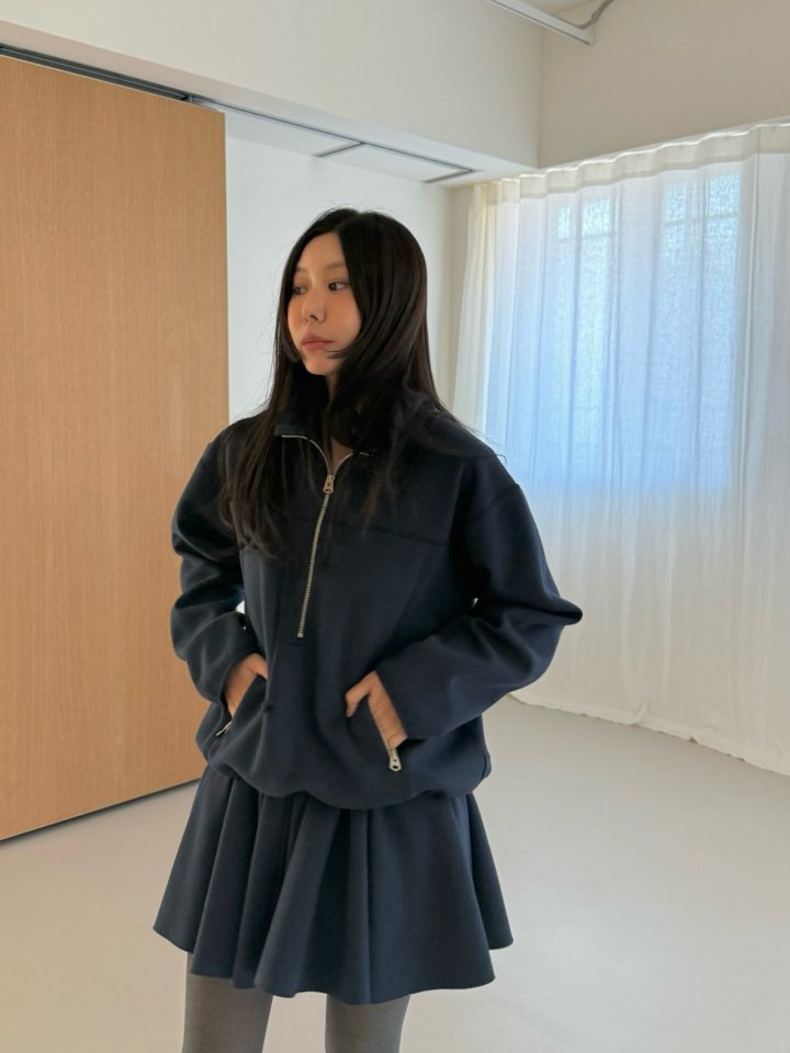Dailyjud - Korean Women Fashion - #momslook - Alia Half Open Sweatshirts Skirt Set - 5