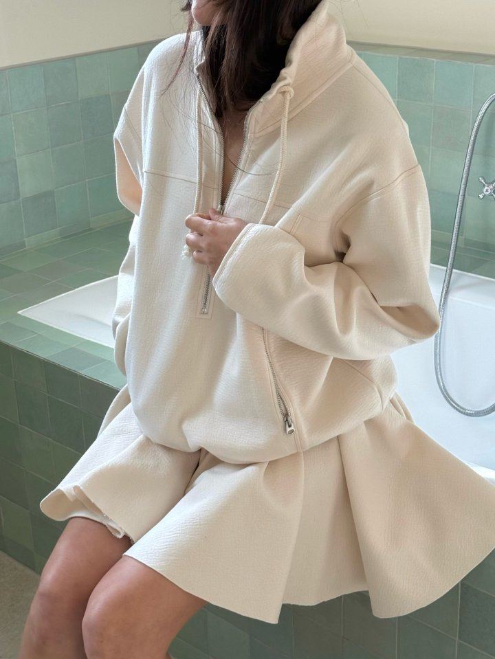Dailyjud - Korean Women Fashion - #momslook - Alia Half Open Sweatshirts Skirt Set - 2