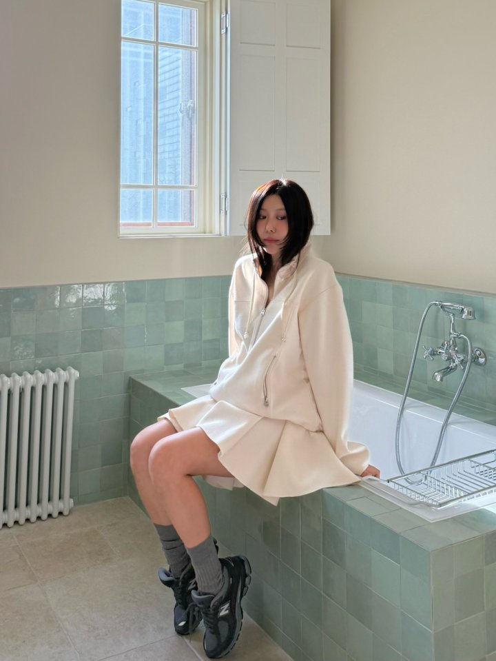 Dailyjud - Korean Women Fashion - #womensfashion - Alia Half Open Sweatshirts Skirt Set