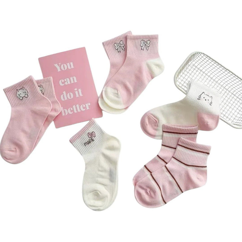 Dudie - Korean Children Fashion - #childofig - Pinkat Socks (set of 5) - 5