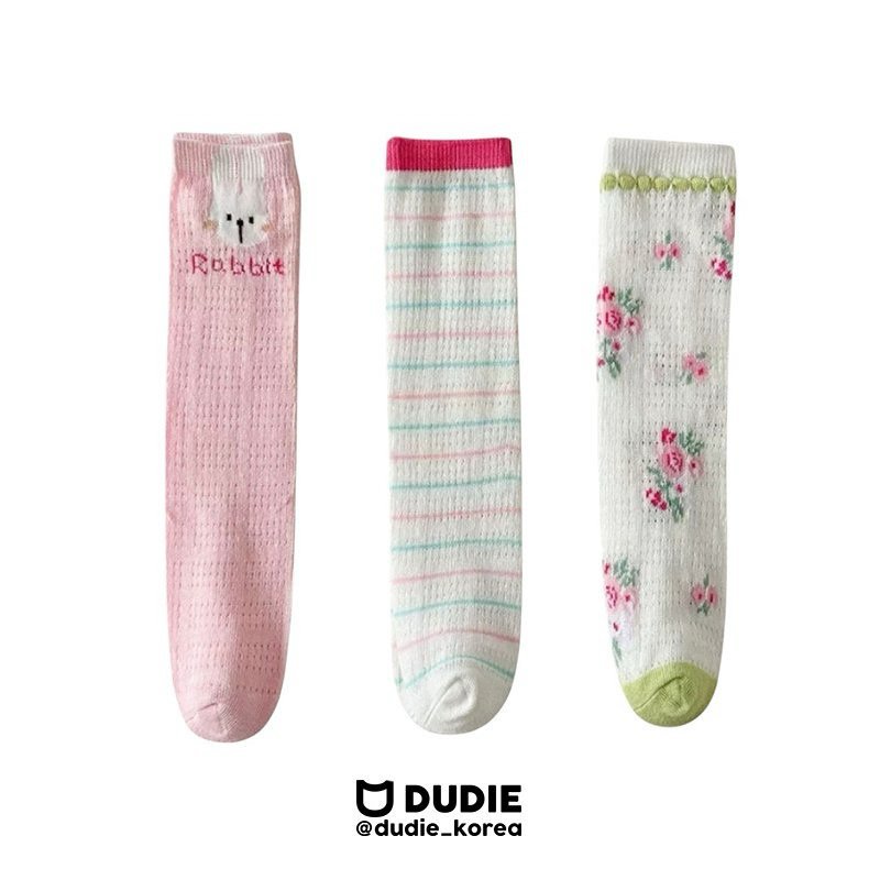 Dudie - Korean Children Fashion - #discoveringself - Rabbit Rose Socks (set of 3)