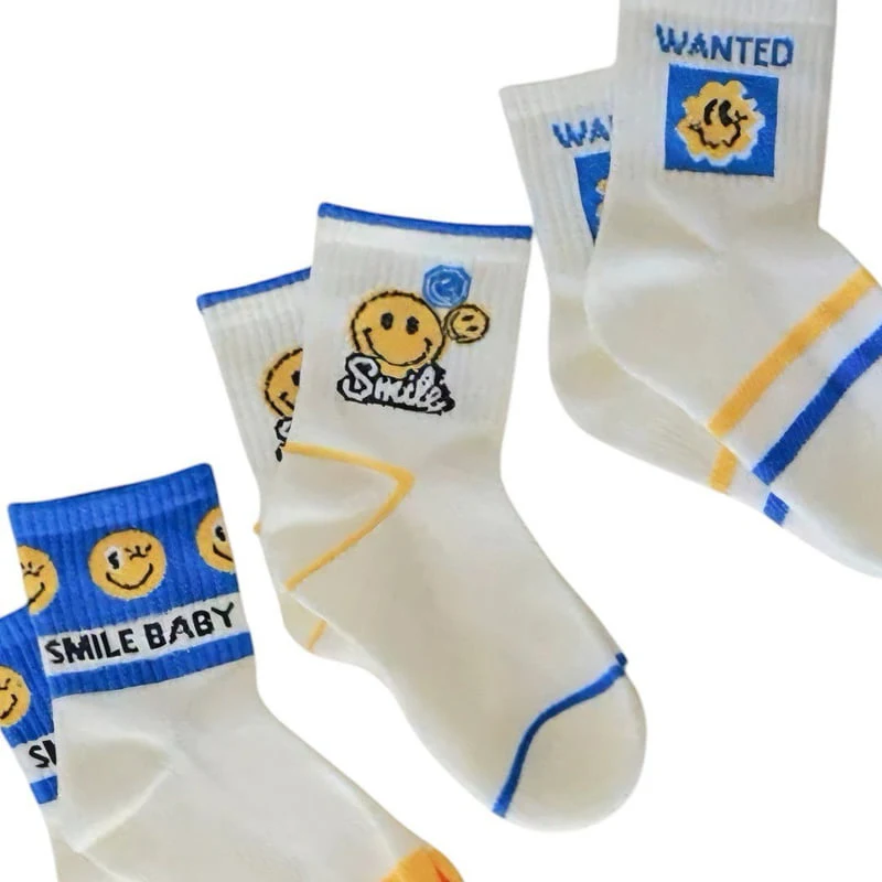 Dudie - Korean Children Fashion - #discoveringself - Blue Smile Socks (set of 3) - 10
