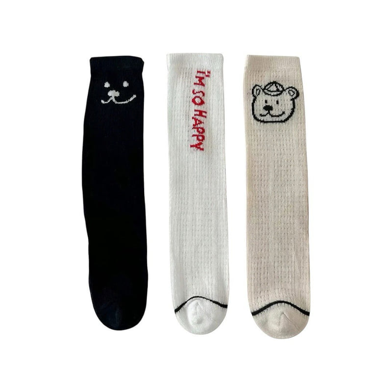 Dudie - Korean Children Fashion - #discoveringself - Happy Teddy Socks (set of 3) - 6