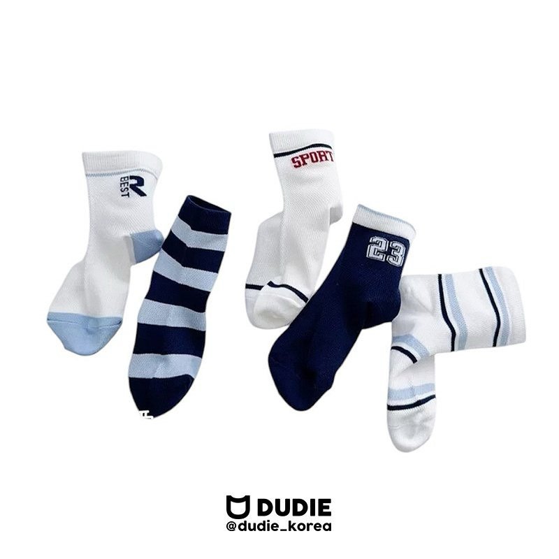 Dudie - Korean Children Fashion - #discoveringself - Blue Sports Socks (set of 5)