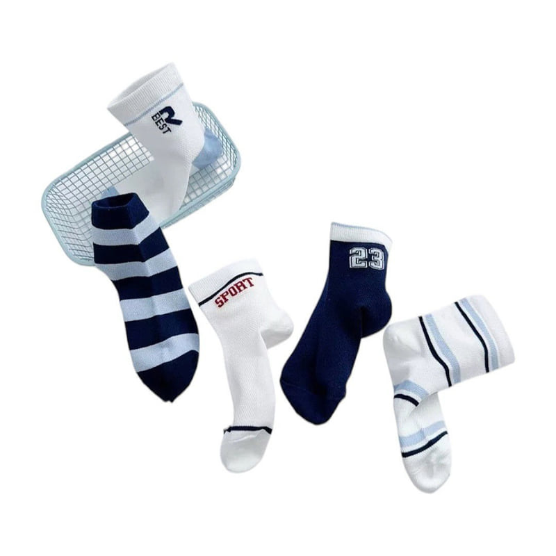 Dudie - Korean Children Fashion - #kidsshorts - Blue Sports Socks (set of 5) - 4