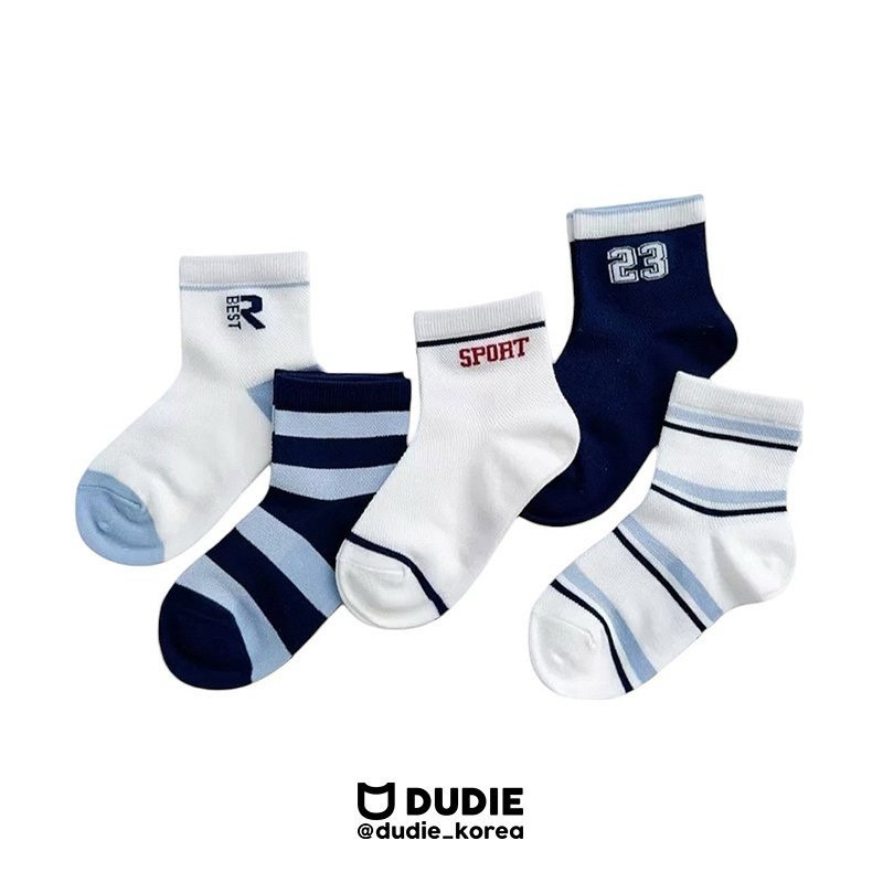 Dudie - Korean Children Fashion - #kidzfashiontrend - Blue Sports Socks (set of 5) - 5