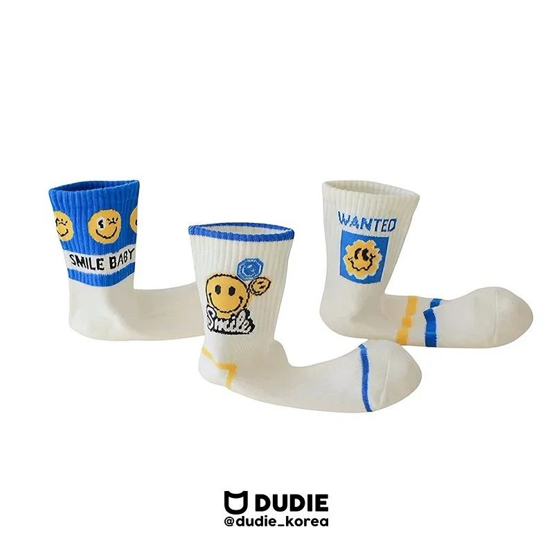 Dudie - Korean Children Fashion - #magicofchildhood - Blue Smile Socks (set of 3)