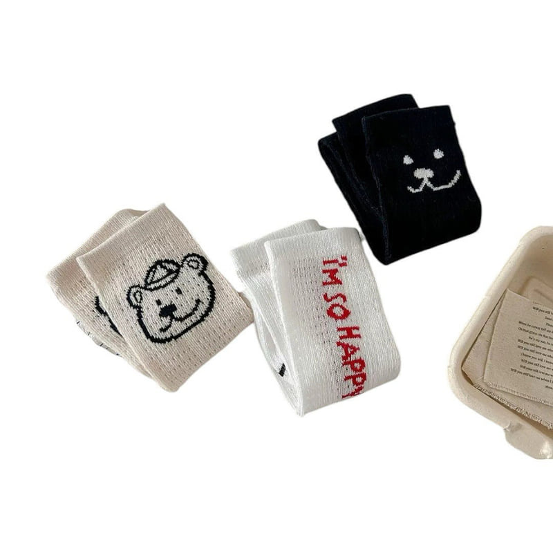 Dudie - Korean Children Fashion - #stylishchildhood - Happy Teddy Socks (set of 3) - 2