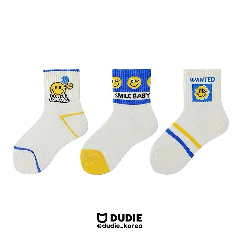 Dudie - Korean Children Fashion - #prettylittlegirls - Blue Smile Socks (set of 3) - 4