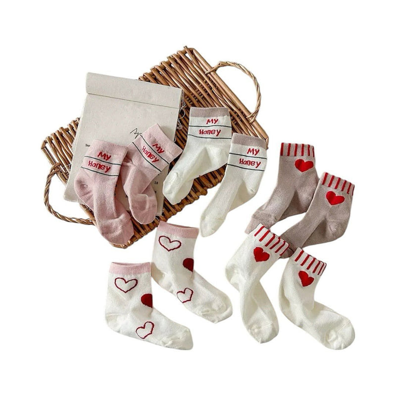 Dudie - Korean Children Fashion - #todddlerfashion - Honey Heart Socks (set of 5) - 3
