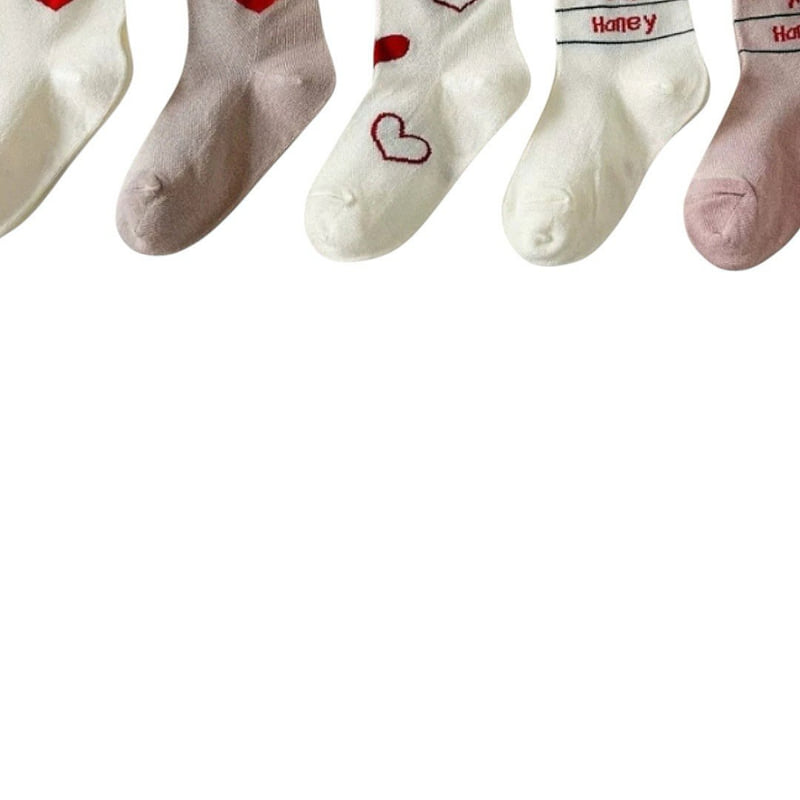 Dudie - Korean Children Fashion - #todddlerfashion - Honey Heart Socks (set of 5) - 4