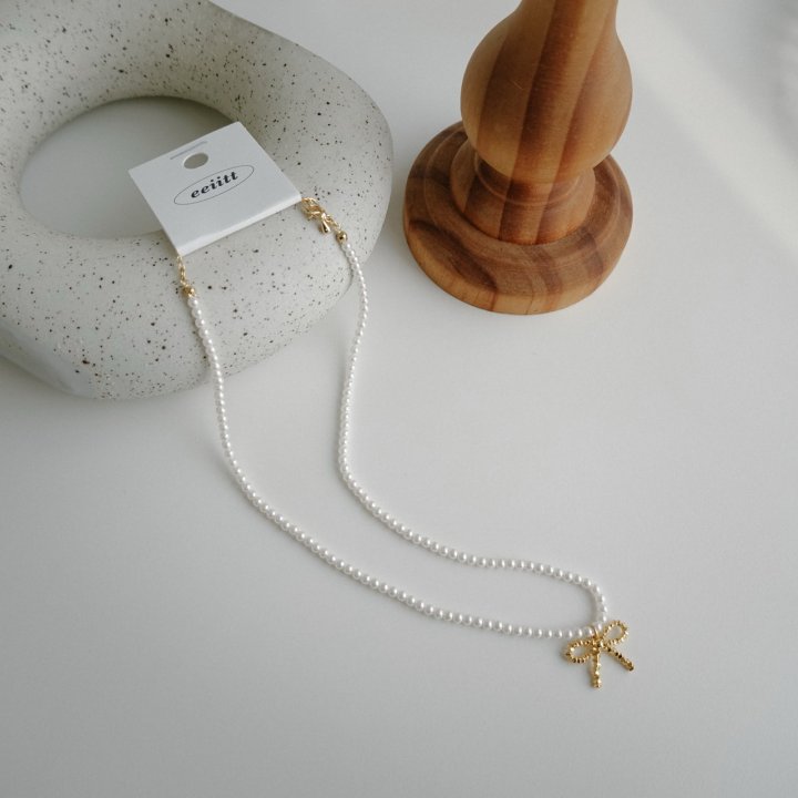 Eeiitt - Korean Women Fashion - #momslook - Posh Gold Ribbon Pearl Necklace - 7