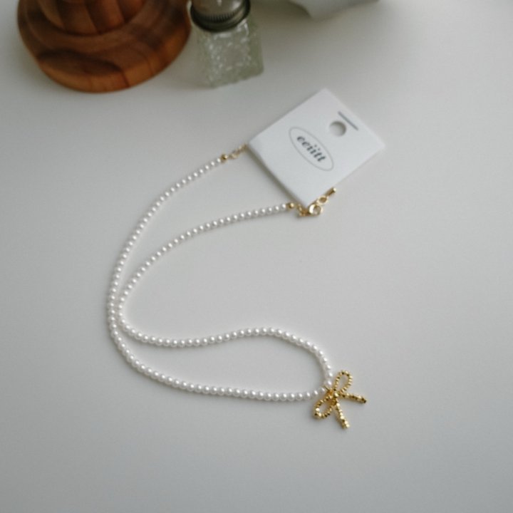 Eeiitt - Korean Women Fashion - #momslook - Posh Gold Ribbon Pearl Necklace - 9