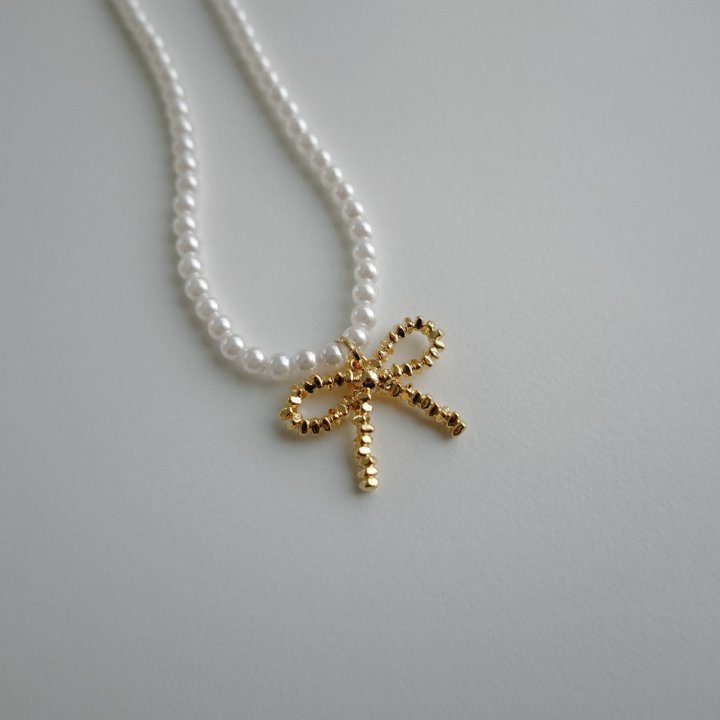 Eeiitt - Korean Women Fashion - #momslook - Posh Gold Ribbon Pearl Necklace - 4