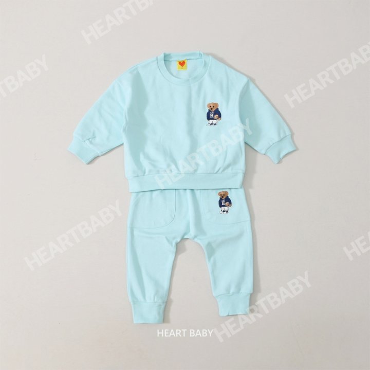 Heart Baby - Korean Children Fashion - #designkidswear - Bear Embroidery Top Bottom Set - 9