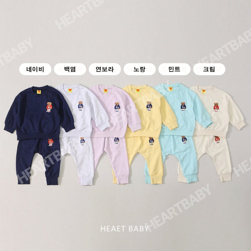Heart Baby - Korean Children Fashion - #minifashionista - Bear Embroidery Top Bottom Set - 2