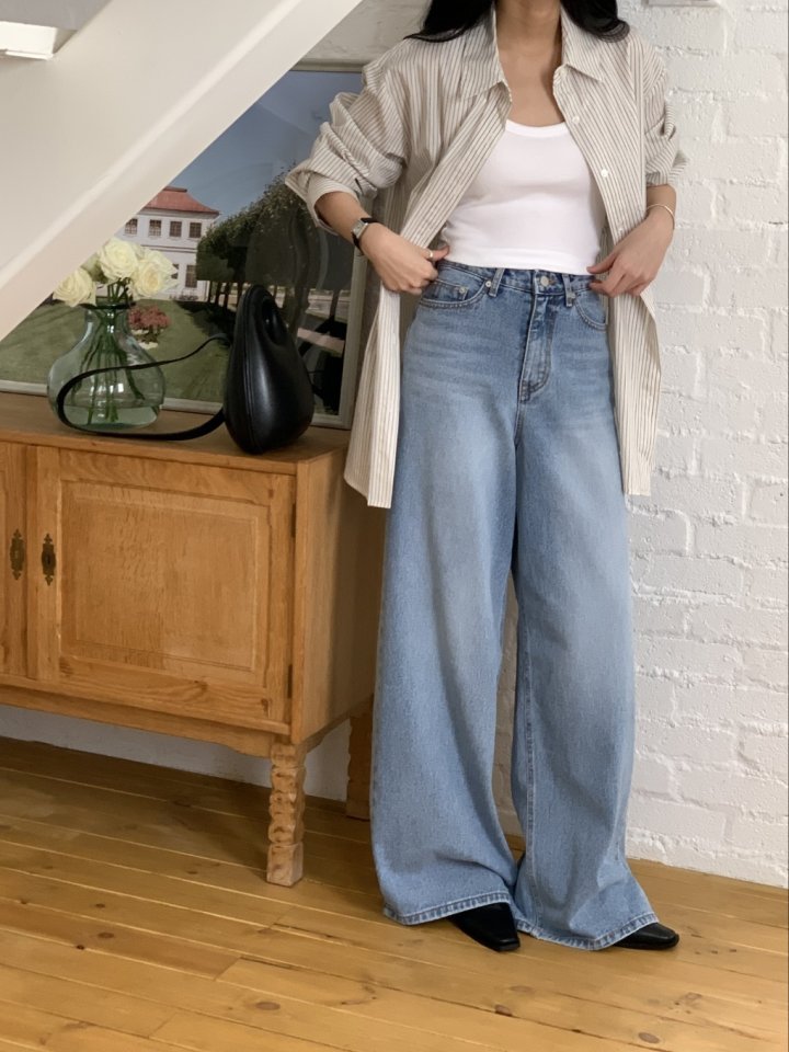 I'm here - Korean Women Fashion - #momslook - Light Blue Wide Denim Pants - 7