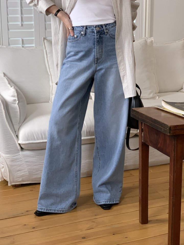 I'm here - Korean Women Fashion - #romanticstyle - Light Blue Wide Denim Pants - 4