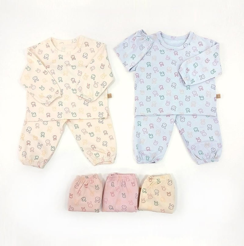 Lime & Blue - Korean Baby Fashion - #babyoutfit - Line Rabbit Top Bottom Set - 3