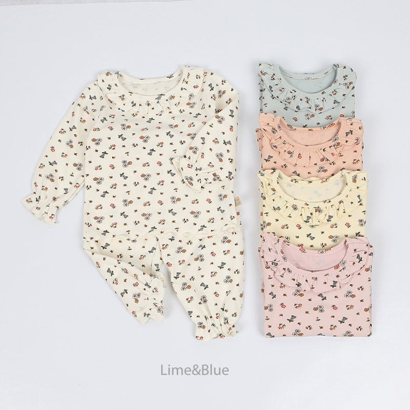 Lime & Blue - Korean Children Fashion - #stylishchildhood - Orange Flower Laura Top Bottom Set - 2