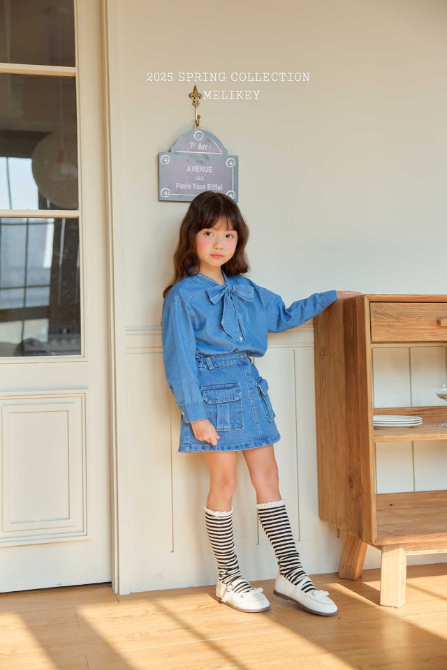 Melikey - Korean Children Fashion - #prettylittlegirls - Ribbon Denim Shirt    - 9
