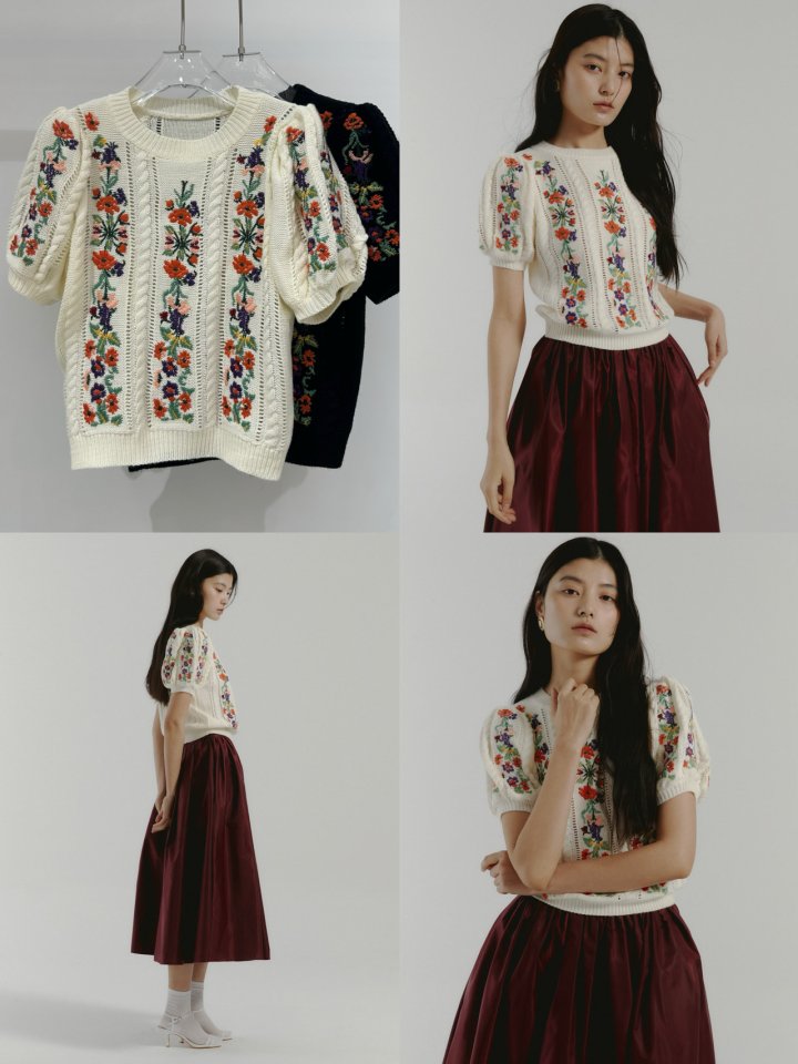 Neroli36 - Korean Women Fashion - #momslook - Embroidery Puff Knit Top - 4