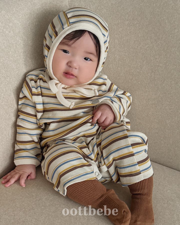 Oott Bebe - Korean Baby Fashion - #babyootd - Peanut Ribbed Full Body Suit Bonnet Set - 6