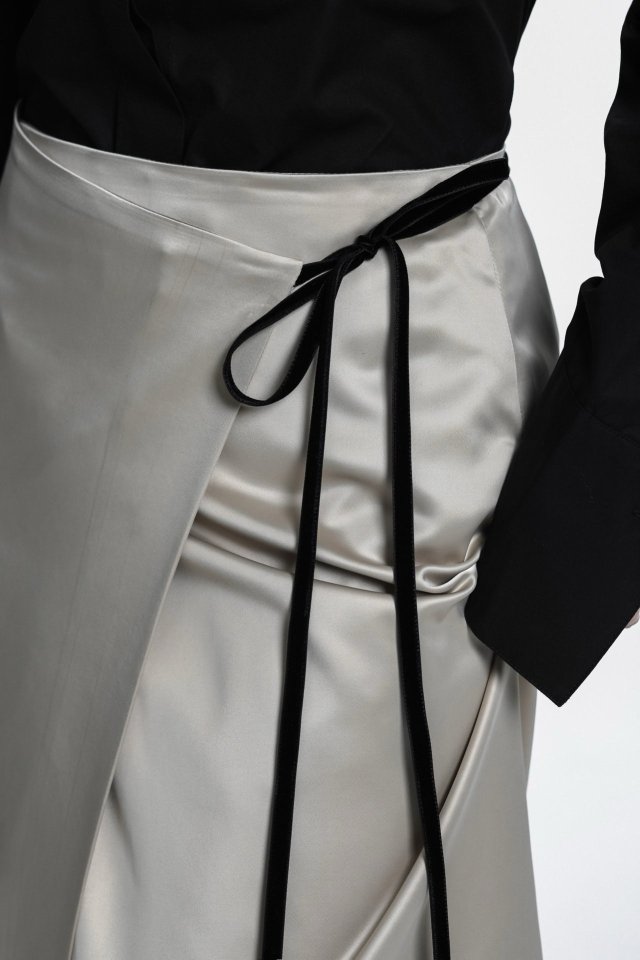 Paper Moon - Korean Women Fashion - #momslook - Velvet Trimmed Satin Wrap Maxi Skirt - 3