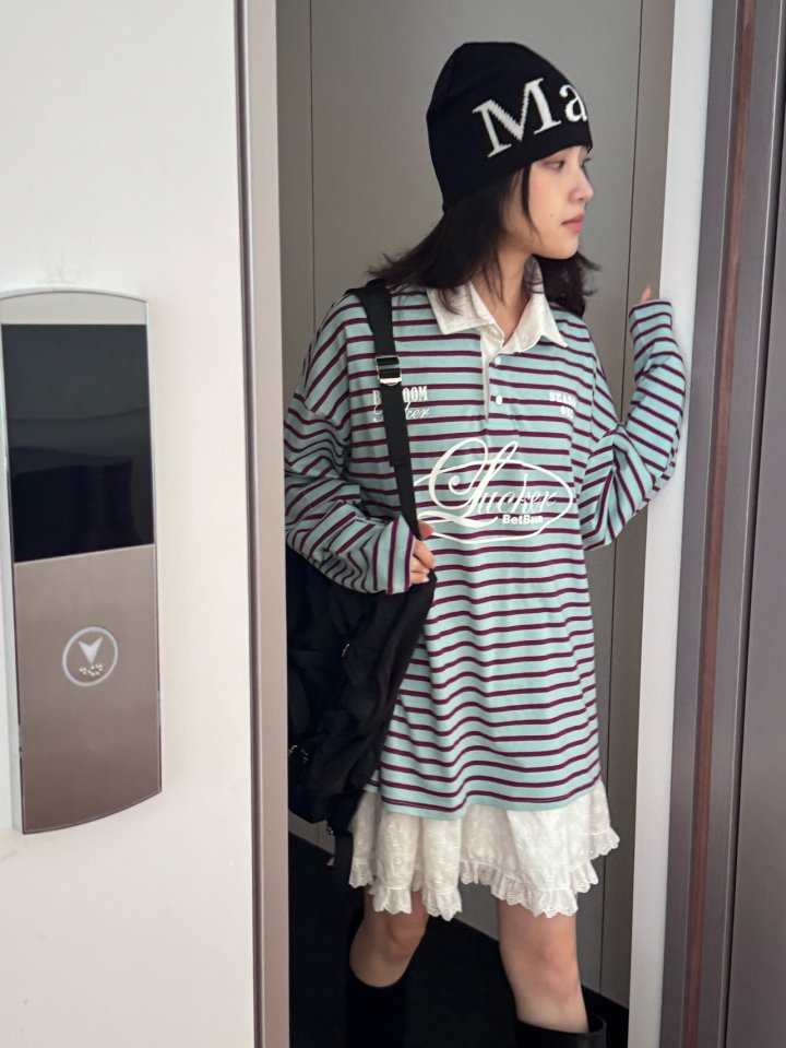 Theres - Korean Women Fashion - #momslook - Collar Stripe Tee - 6