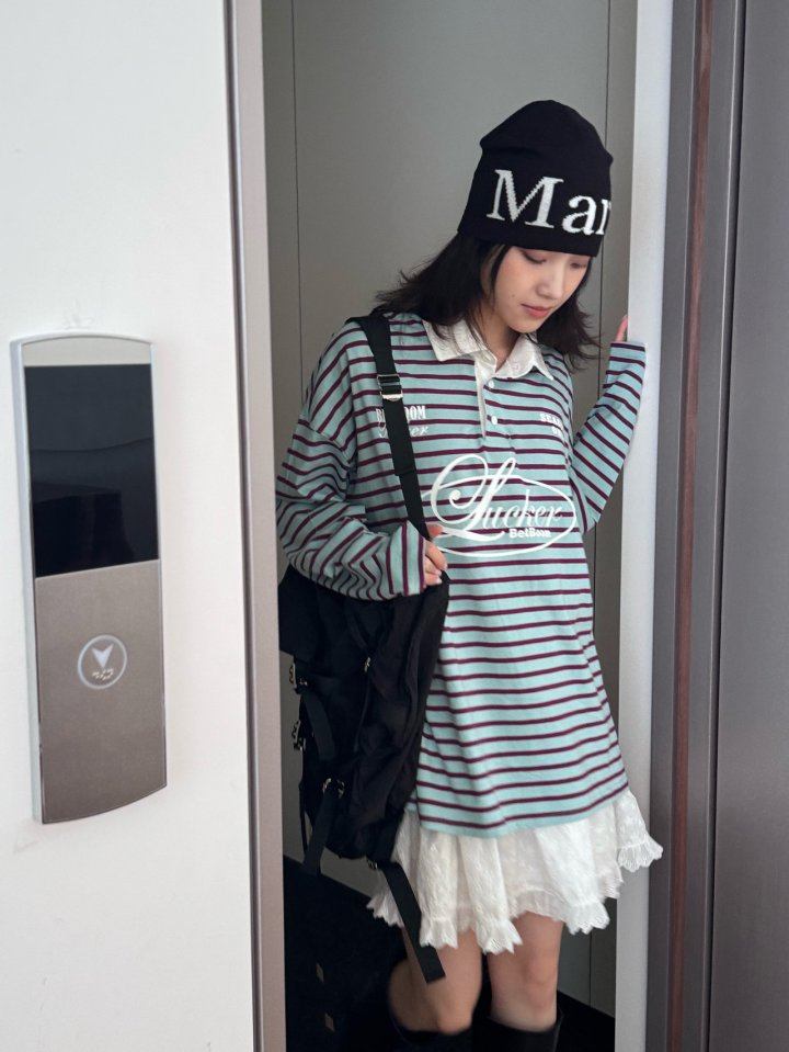 Theres - Korean Women Fashion - #womensfashion - Collar Stripe Tee - 5