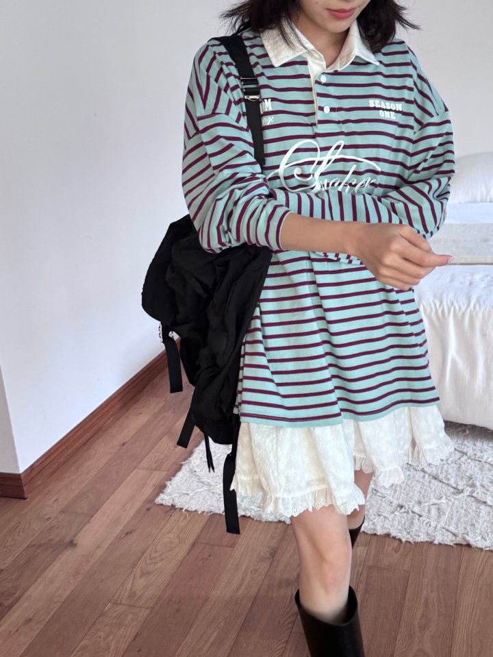 Theres - Korean Women Fashion - #womensfashion - Collar Stripe Tee - 7