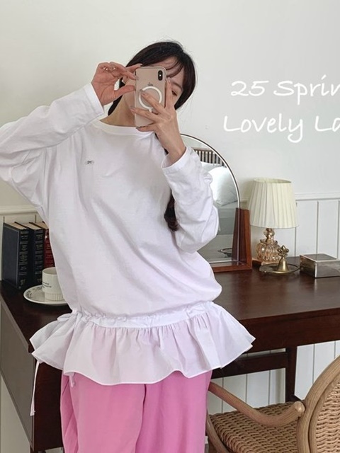 Mom Shirring Frill Long Tee Mom Shirring Frill Long Tee
