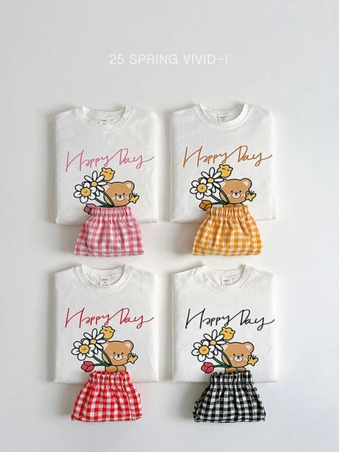 Flower Bear Check Top Bottom Set