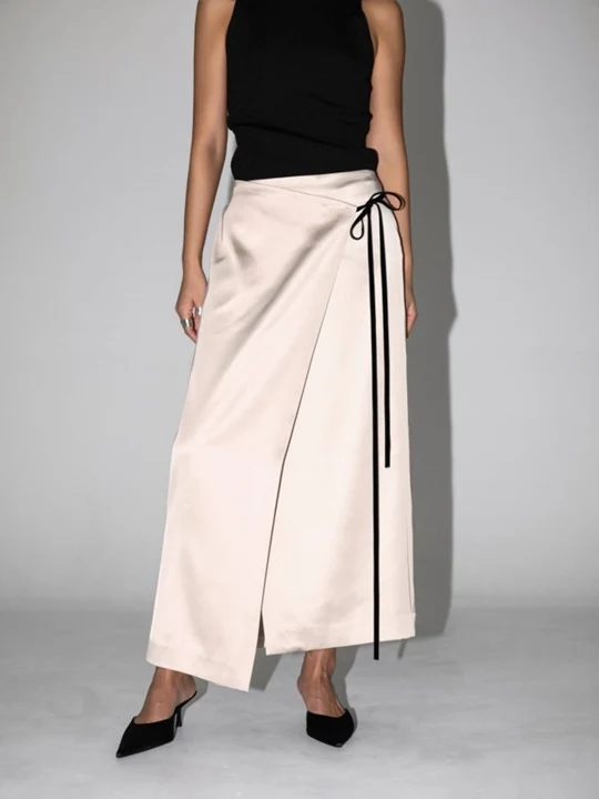 Velvet Trimmed Satin Wrap Maxi Skirt Velvet Trimmed Satin Wrap Maxi Skirt