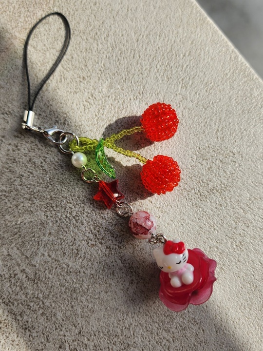 Cherry Flower Red Cat Mini Keyring Strap
