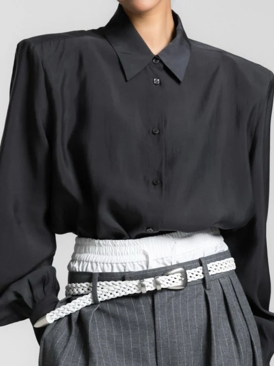 Padded Shoulder Oversize Satin Button Down Shirt Padded Shoulder Oversize Satin Button Down Shirt