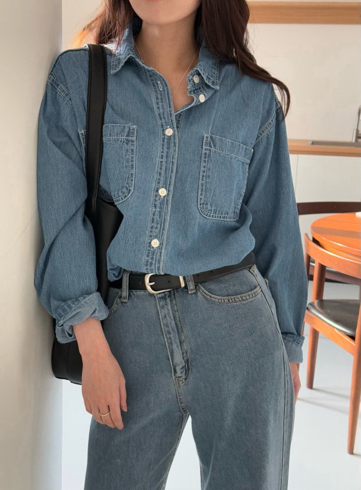 Amygrace - Korean Women Fashion - #womensfashion - Clean Denim Shirt - 5