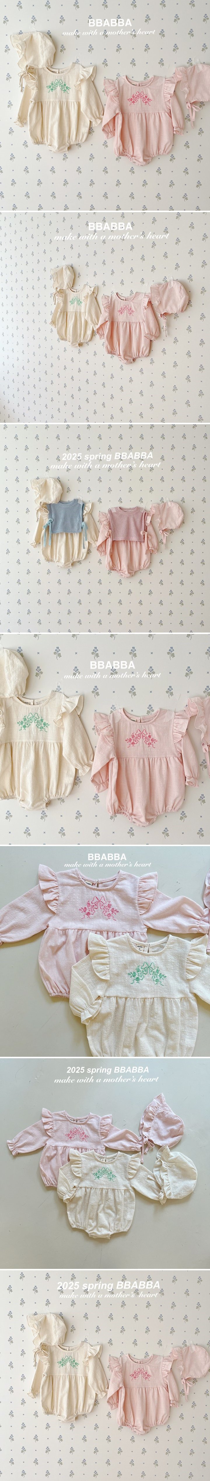 Bbabba - Korean Baby Fashion - #onlinebabyboutique - Pretty Flower Embroidery Bodysuit with Bonnet