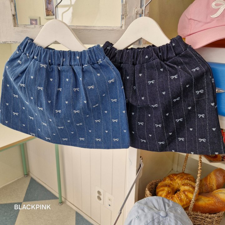 Black Pink - Korean Children Fashion - #childofig - Ribbon Heart Denim Skirt - 11