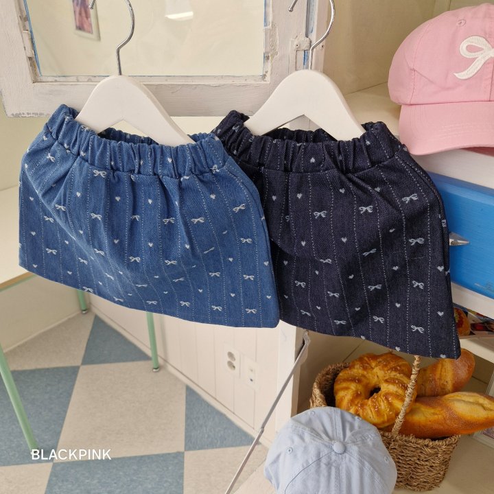 Black Pink - Korean Children Fashion - #stylishchildhood - Ribbon Heart Denim Skirt - 10