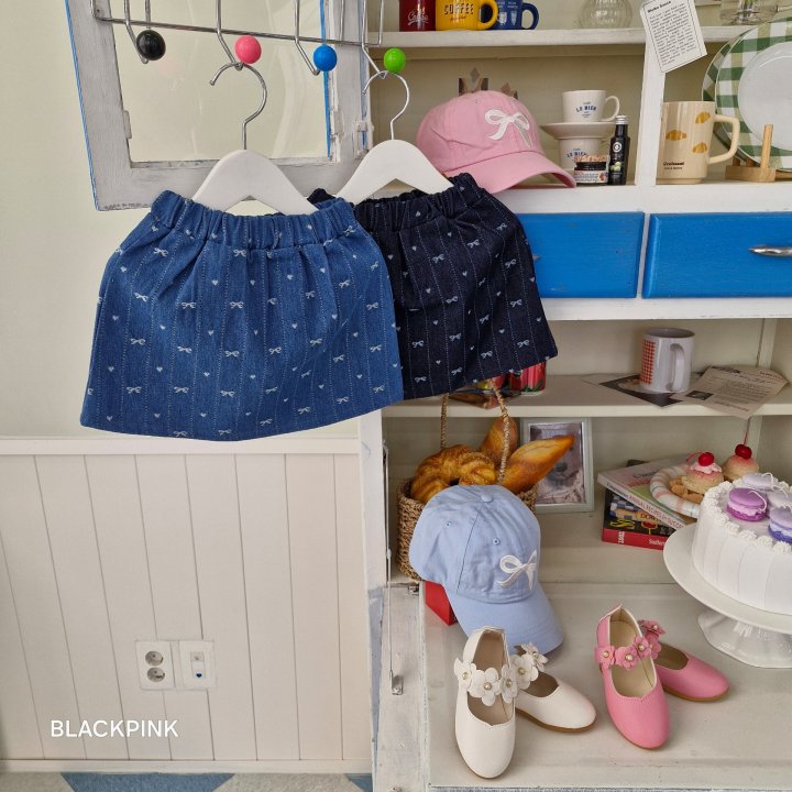 Black Pink - Korean Children Fashion - #toddlerclothing - Ribbon Heart Denim Skirt - 9